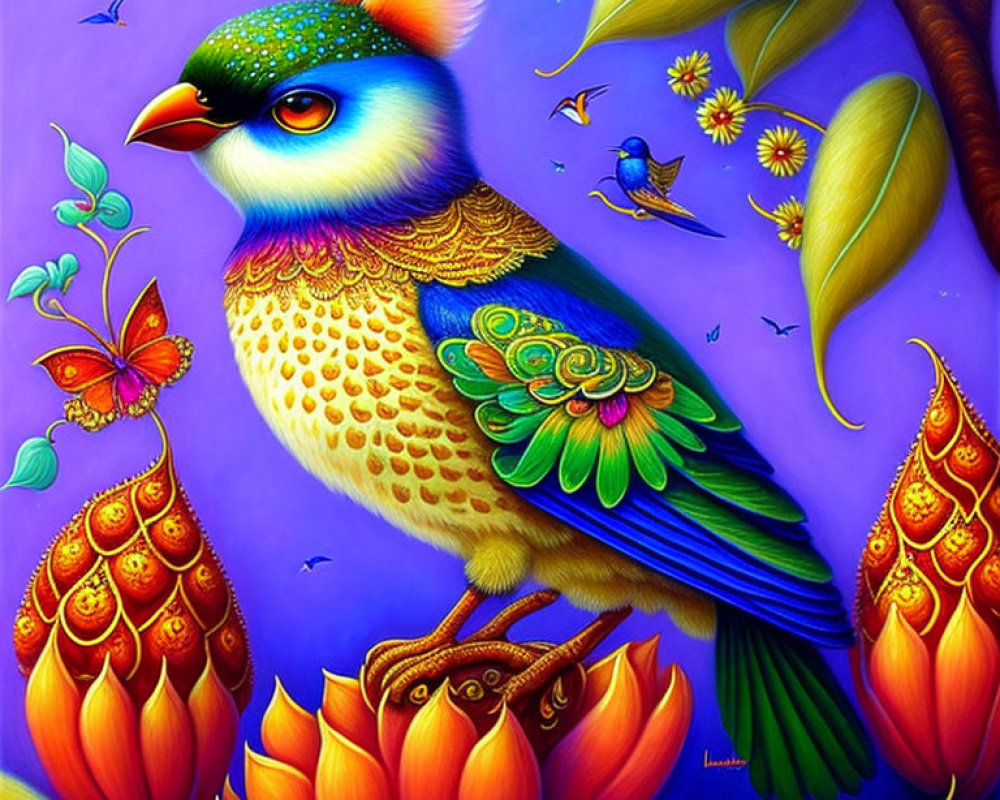 Colorful Fantastical Bird Painting with Flowers and Butterflies on Purple Background