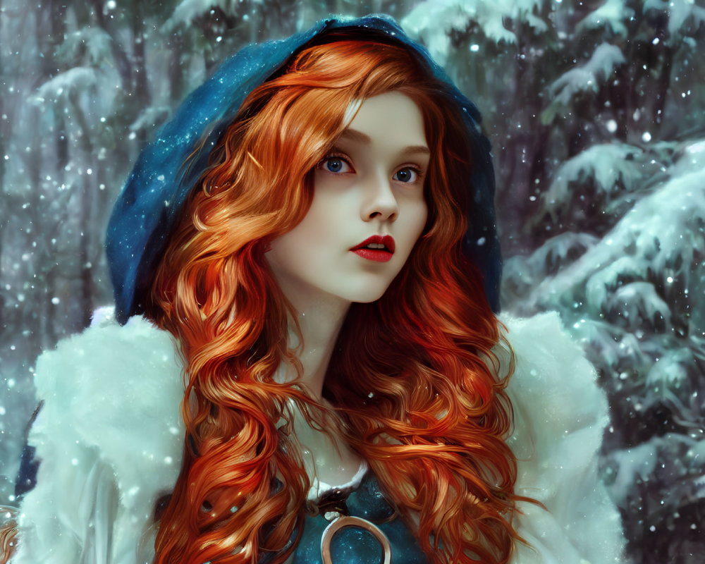 Young woman with red hair and blue cloak in snowy forest, intricate details and rich colors.