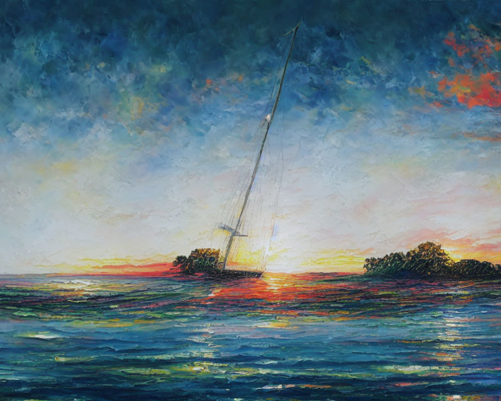 Colorful sailboat painting at sunset with reflected skies on ocean waves.