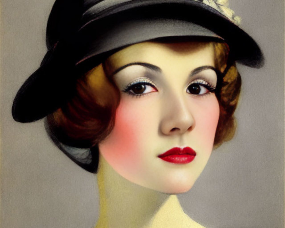 Vintage Portrait of Woman with Bob Haircut and Black Grey Hat