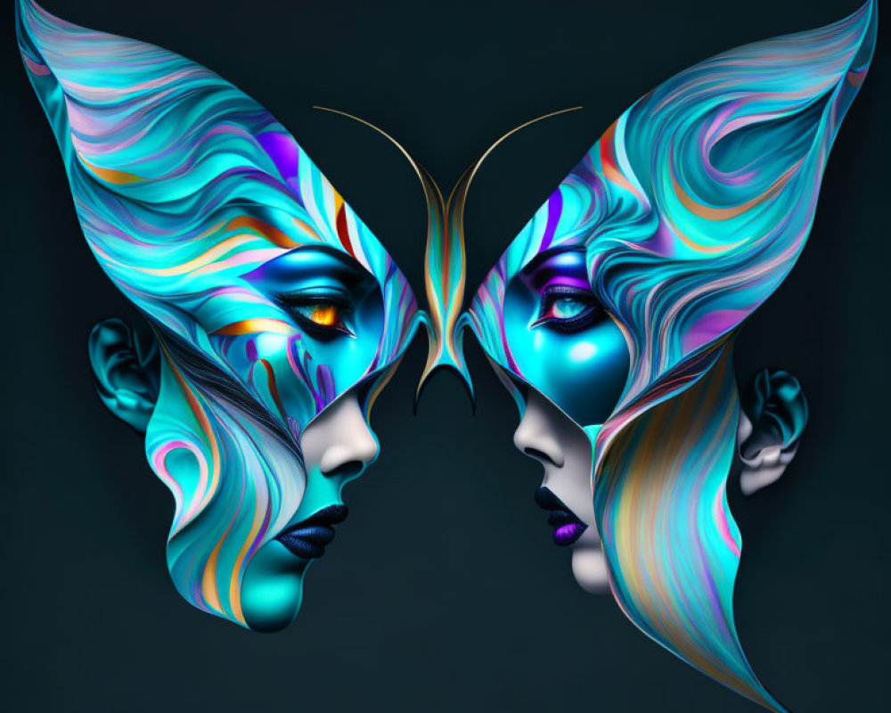 Symmetrical fantastical faces with vibrant patterns and butterfly motif