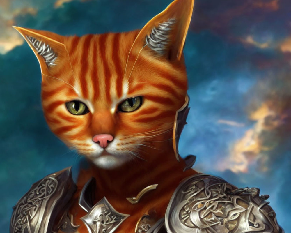 Orange Tabby Cat in Medieval Armor Against Dramatic Sky