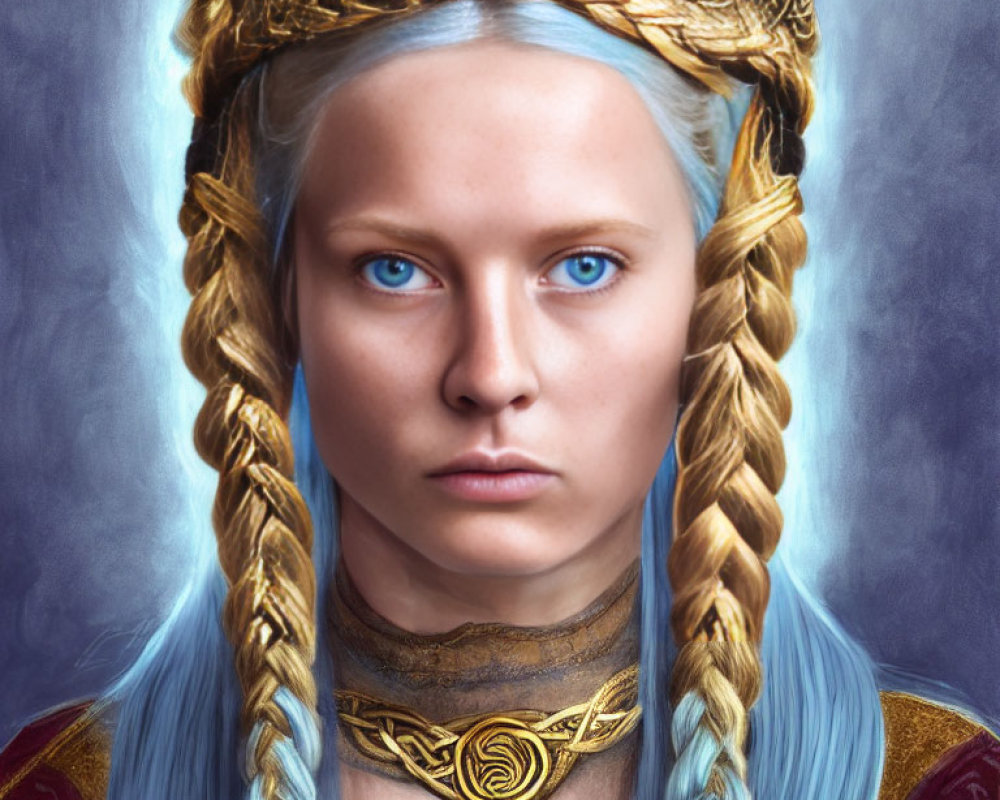 Portrait of woman with blue eyes, blond hair, golden crown & necklace