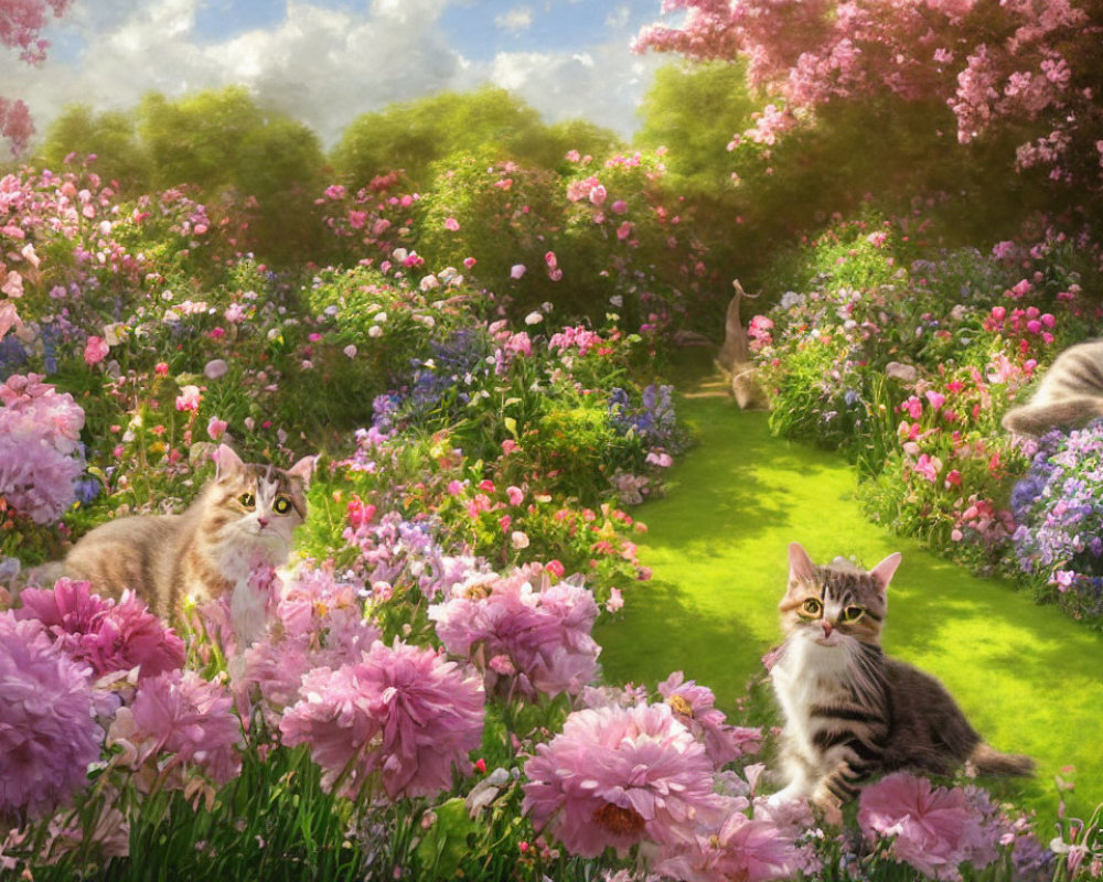 Tranquil garden scene with vibrant flowers and three lounging cats