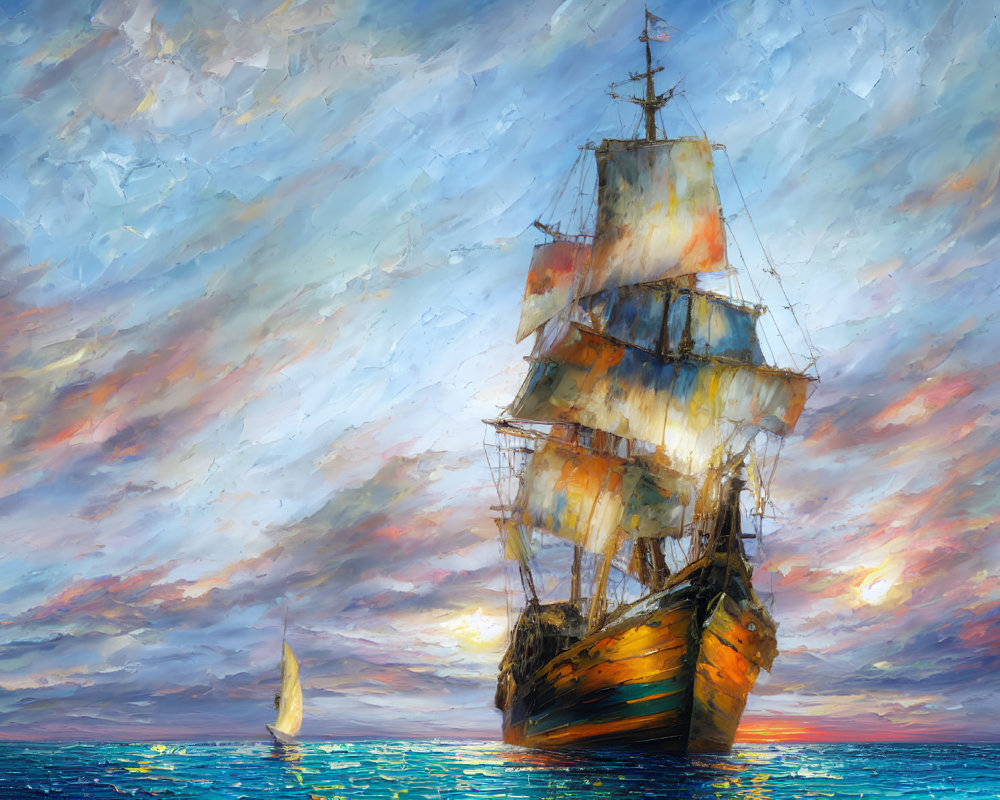 Majestic sailing ship on tranquil blue waters at sunset