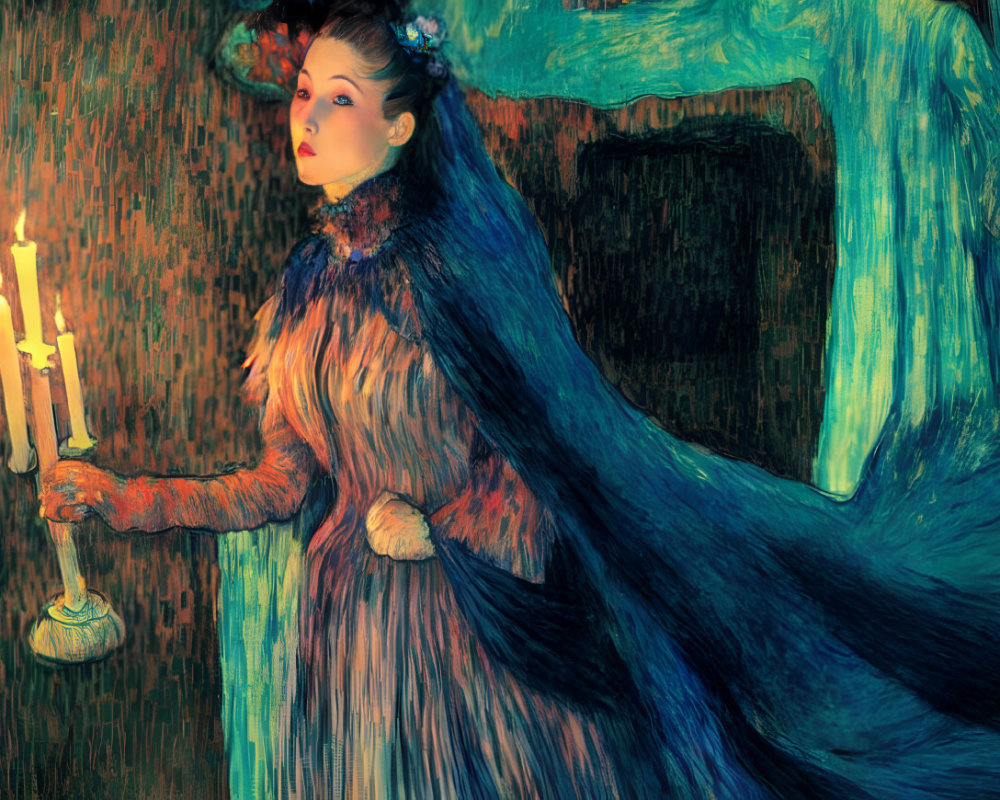 Woman in Blue Dress Holding Candelabra in Dreamlike Setting