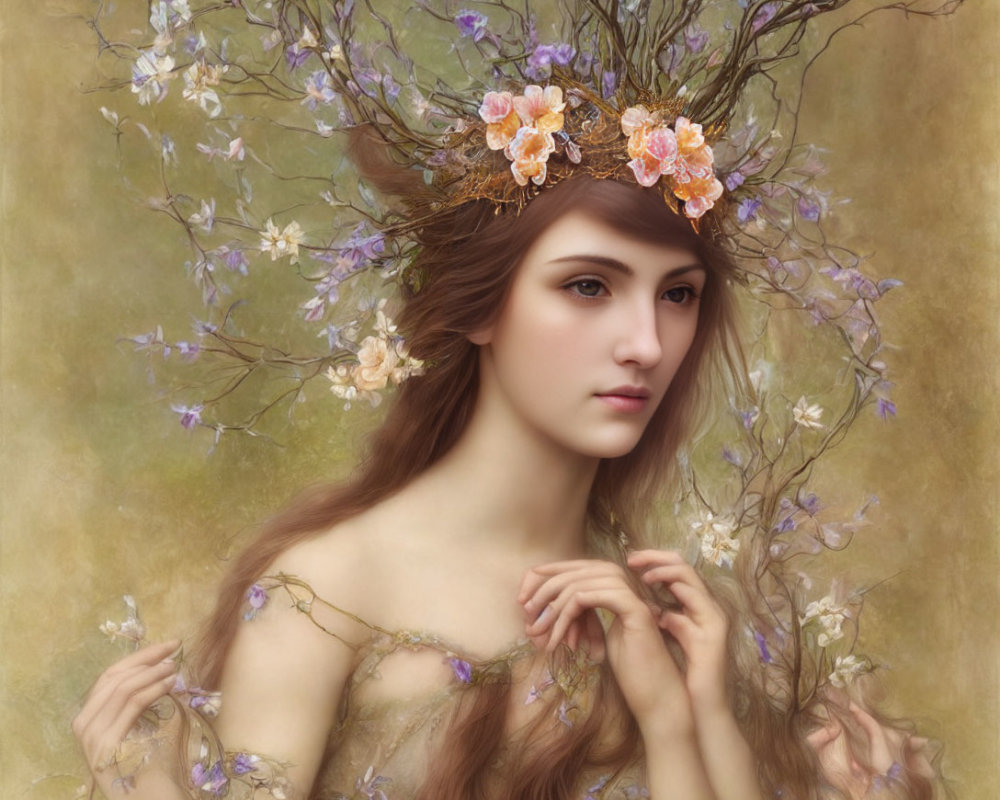 Woman with floral crown and mystical aura in natural setting
