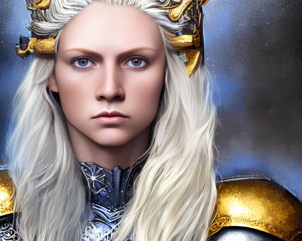 Portrait of woman with pale skin, blue eyes, white hair in dragon-themed armor