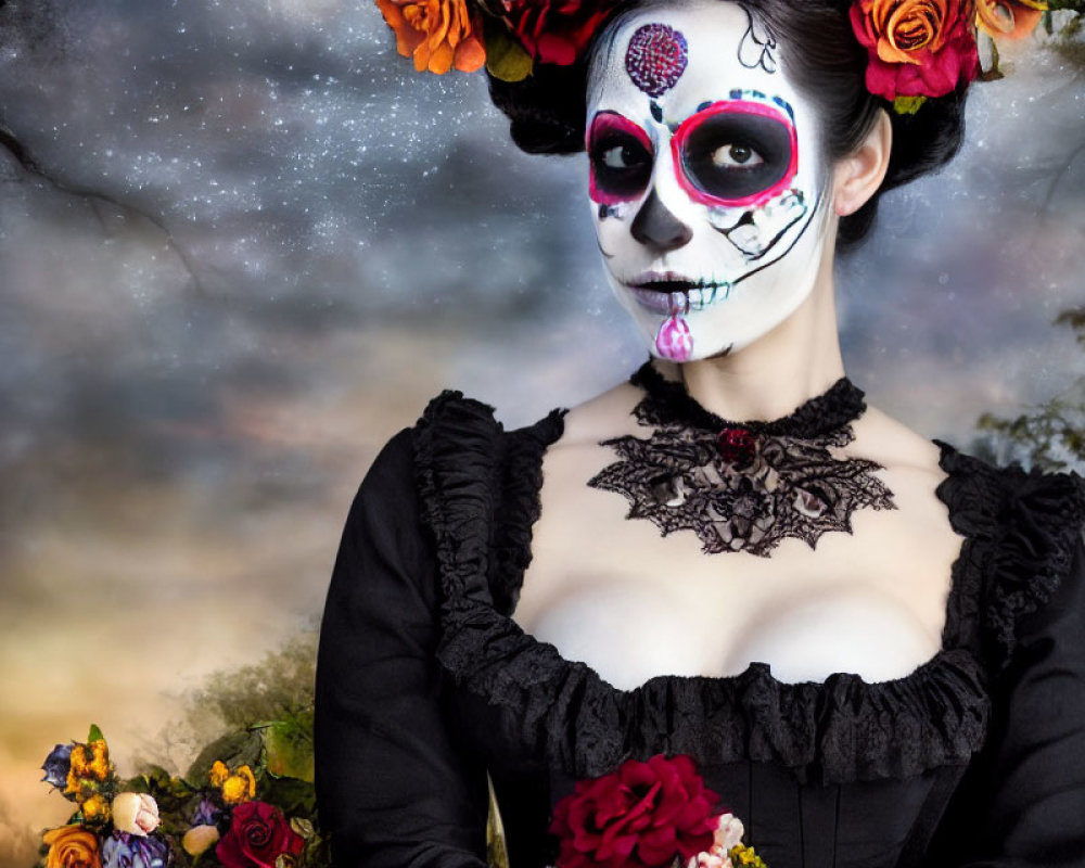 Person with Dia de los Muertos makeup and floral headpiece against twilight sky