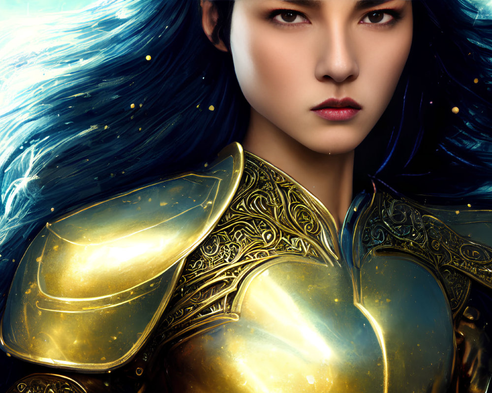 Digital art portrait of fierce woman with blue hair and golden armor.