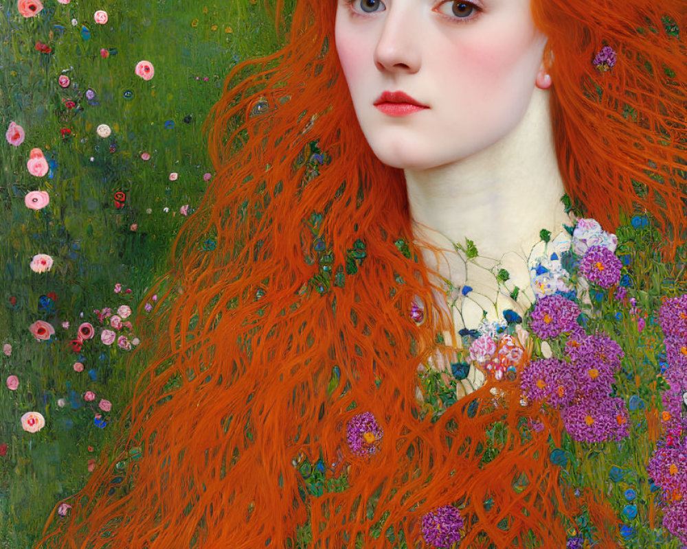 Vibrant Red-Haired Woman in Pre-Raphaelite Style Portrait