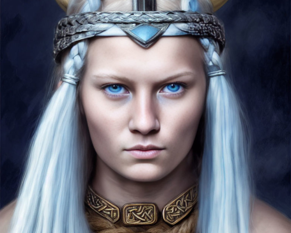Person with stern expression, icy blue eyes, horned headdress, and Celtic-style neck piece