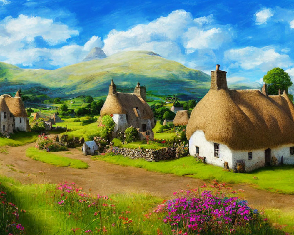 Idyllic village scene with thatched-roof cottages and green hills