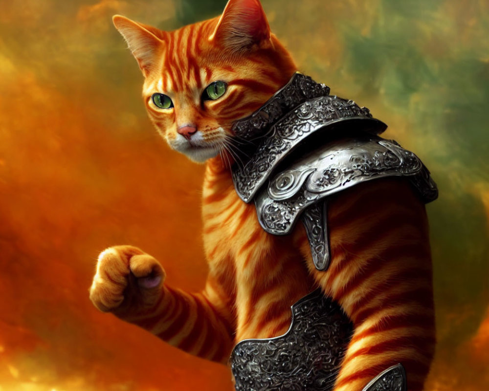 Orange Tabby Cat in Silver Armor on Fiery Background