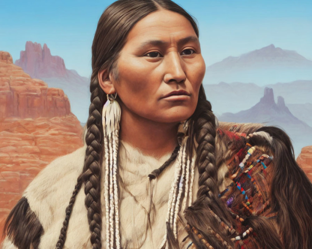 Native American Woman in Traditional Clothing with Braided Hair in Desert Canyon