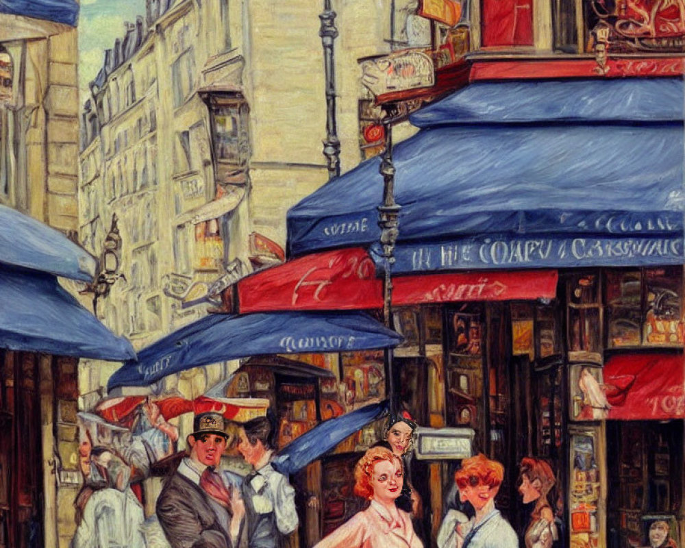 Colorful street scene painting with vintage attire people near Parisian cafés & blue awnings.