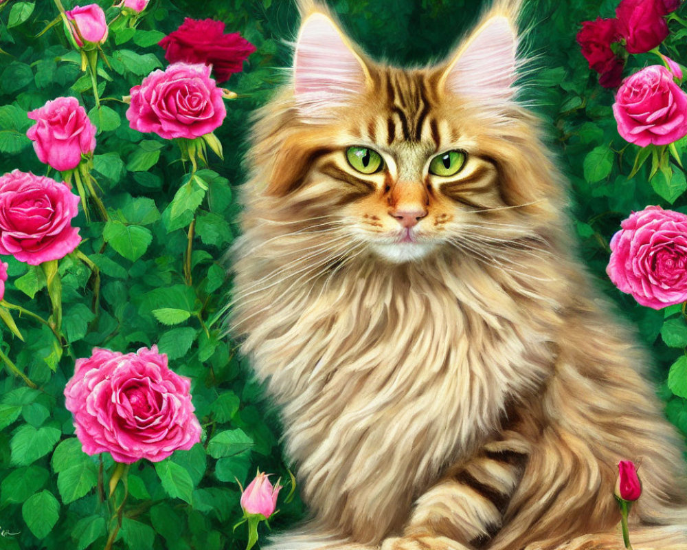 Long-Haired Tabby Cat Among Greenery and Pink Roses