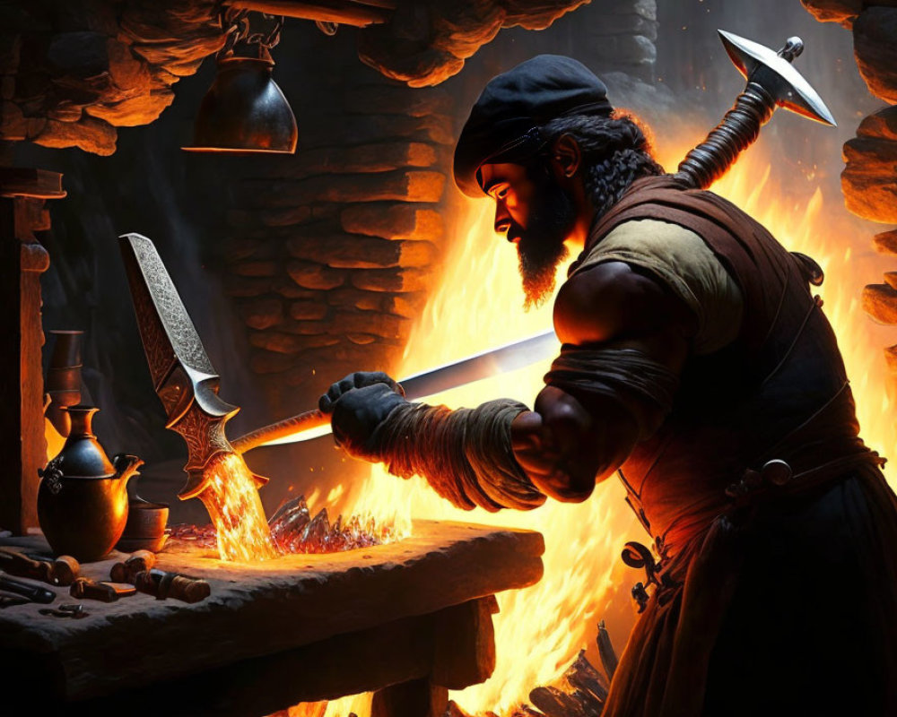 Blacksmith crafting blade with hammer in fiery workshop