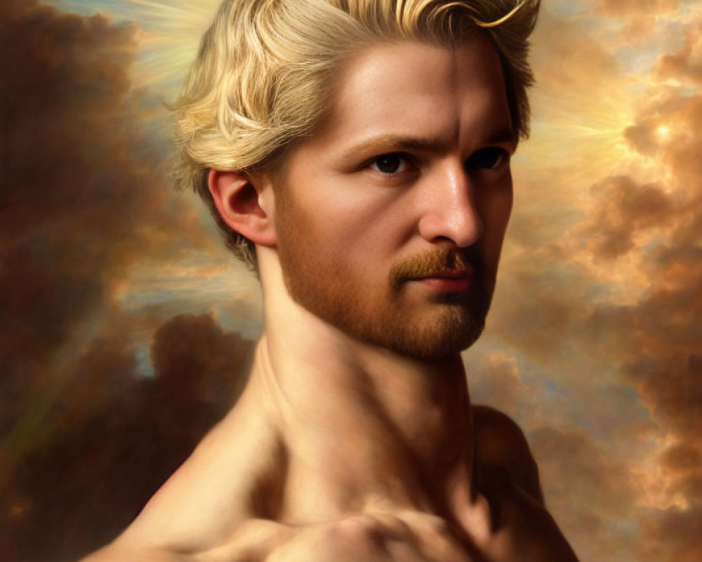 Classical Portrait of Shirtless Man with Blond Hair in Dramatic Sky
