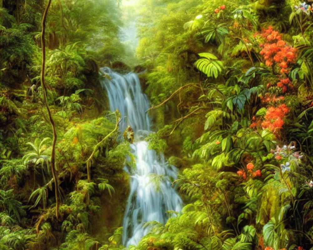 Scenic forest waterfall with lush greenery & flowers