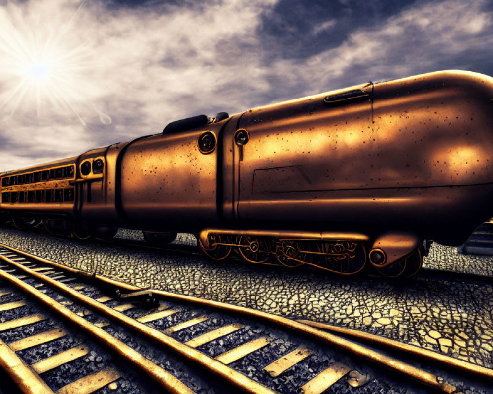 Sleek metallic futuristic train on tracks under bright sun