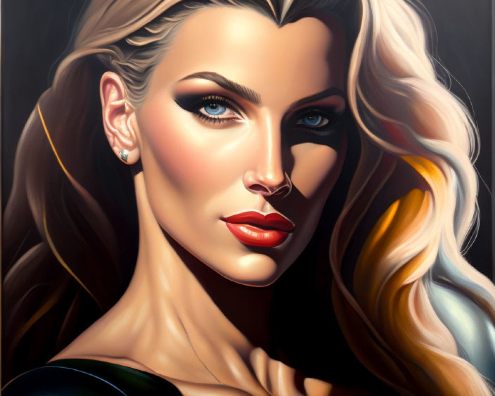 Hyperrealistic Painting: Woman with Blonde Hair, Blue Eyes, Red Lipstick, Dramatic Makeup