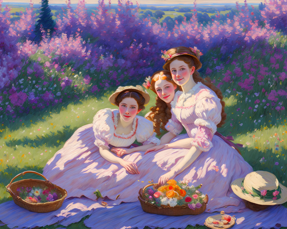 Vintage dresses women in flower field picnic with wicker basket