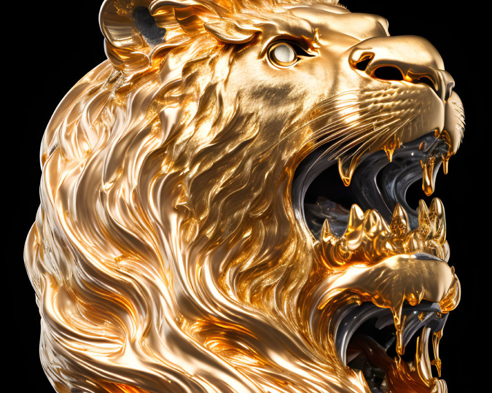 Detailed Golden Lion Head Sculpture on Black Background