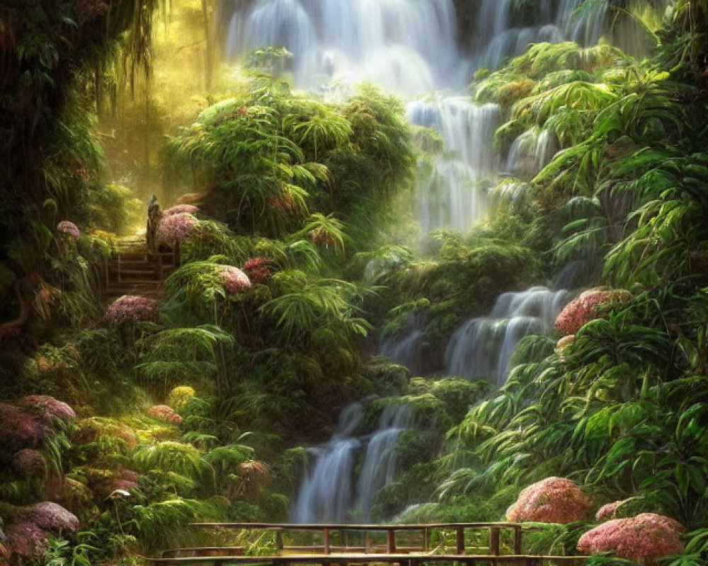 Tranquil waterfall in lush forest with wooden bridge