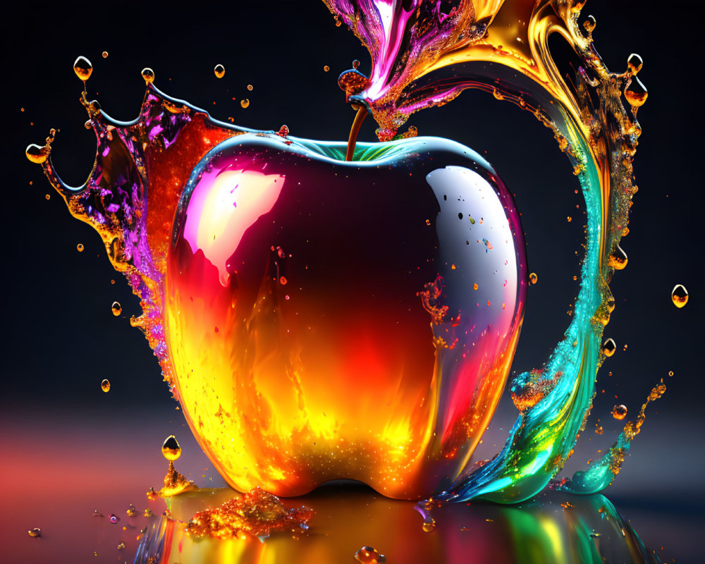 Colorful liquid splashes around vibrant apple on glossy surface