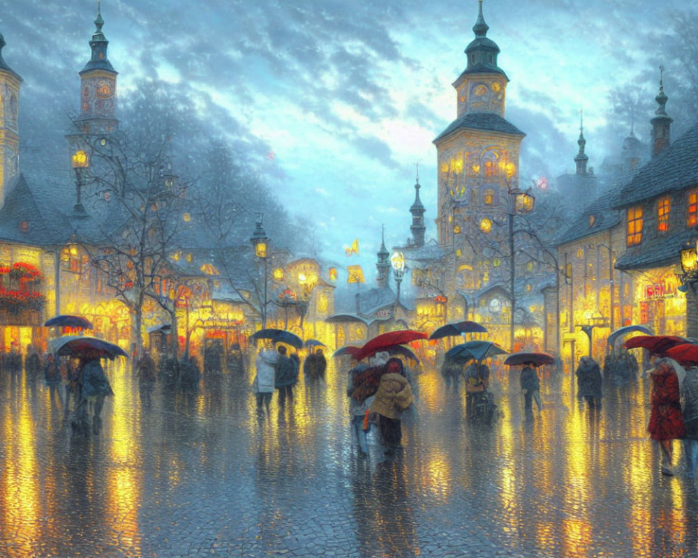 Town Square Dusk Scene with Illuminated Buildings and Rainy Cobblestones