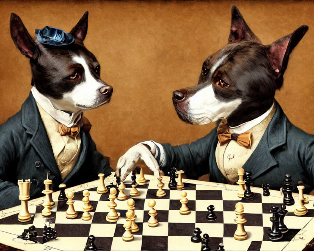 Anthropomorphized dogs in vintage attire playing chess