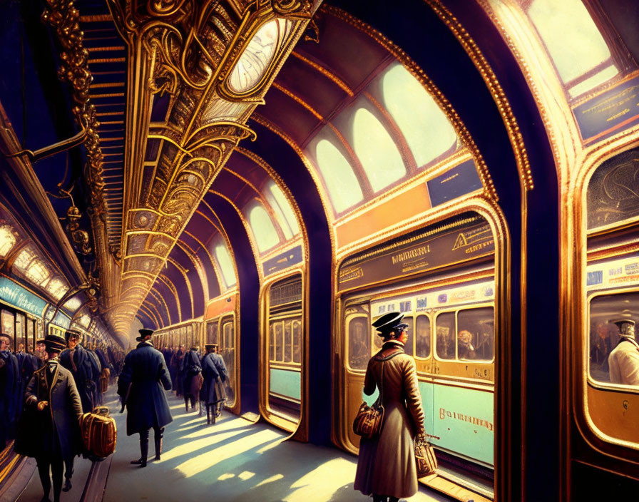 Vintage train station with golden trimmings and bustling passengers.