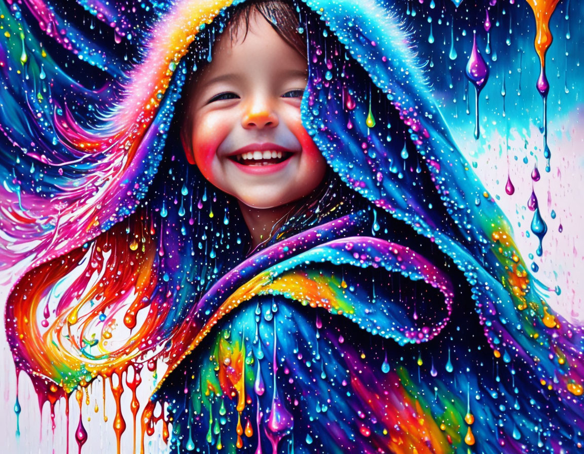 Smiling child in colorful cloak with dripping paint on bright background