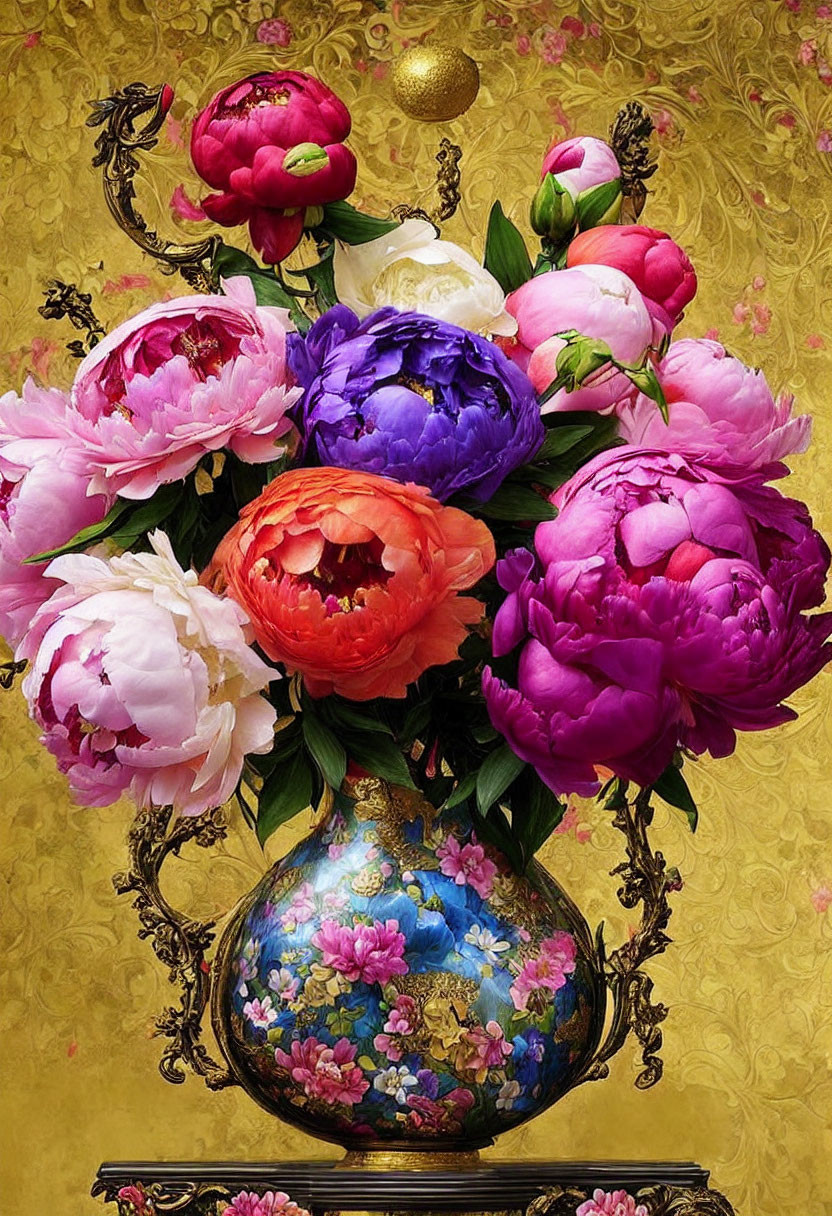 Colorful Peony Bouquet in Blue Vase on Gold Background