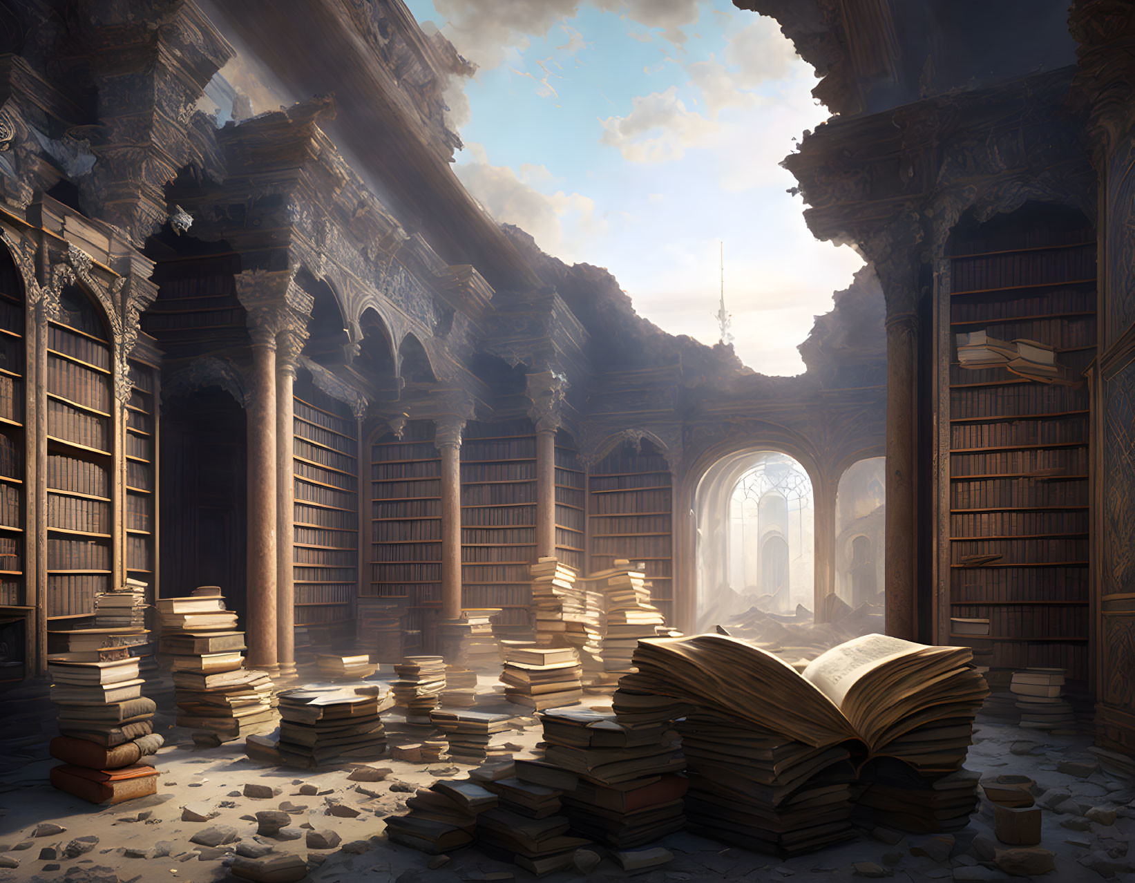 Vast ancient library with towering bookshelves and open tome