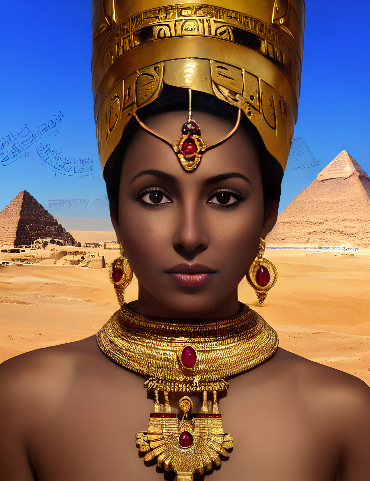Ancient Egyptian-style costume with pyramids and desert backdrop