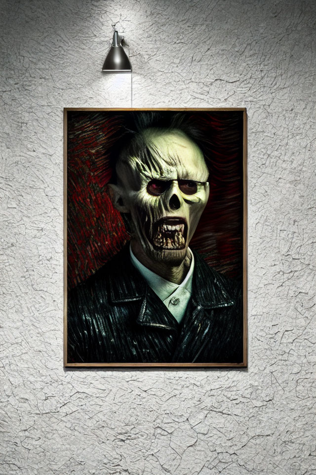 Framed painting of zombie-like figure with red eyes on textured wall