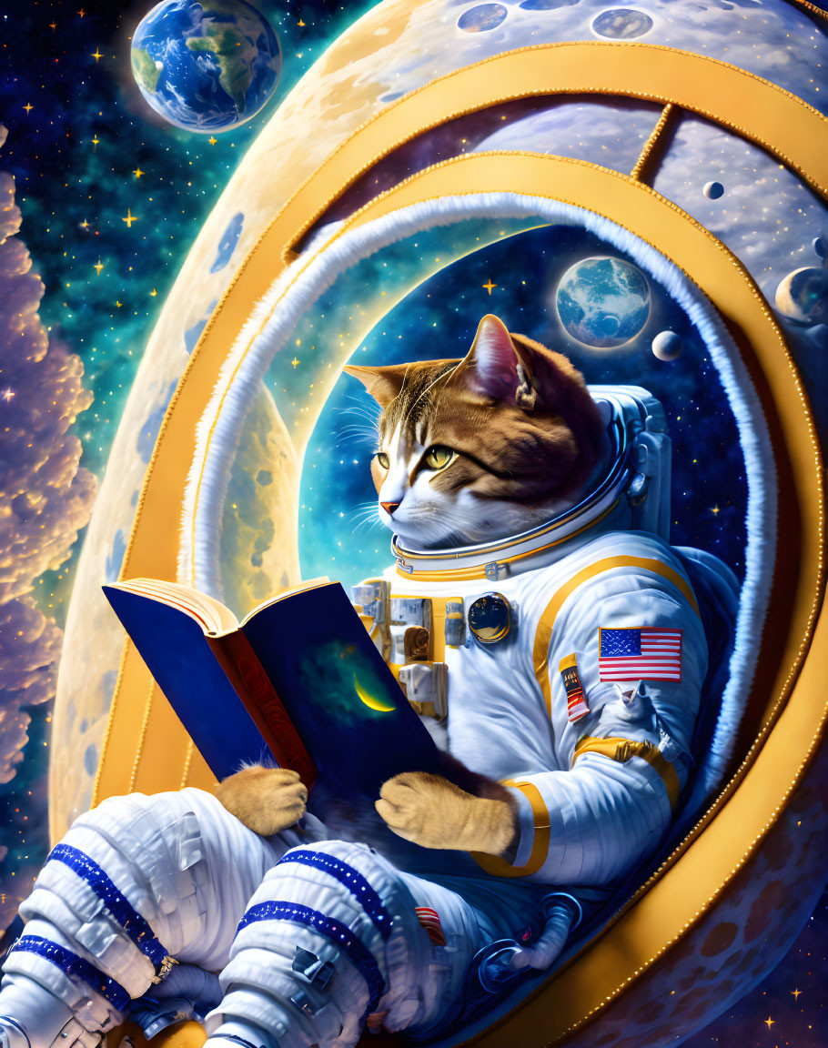 A Cat Astronaut Reading On The Moon 