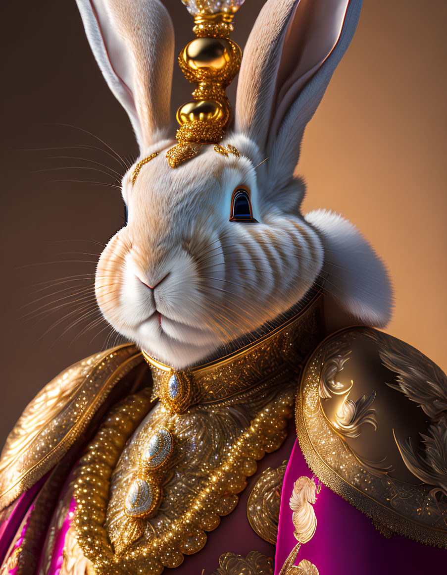 Regal rabbit in purple robe with gold embroidery and crown necklace