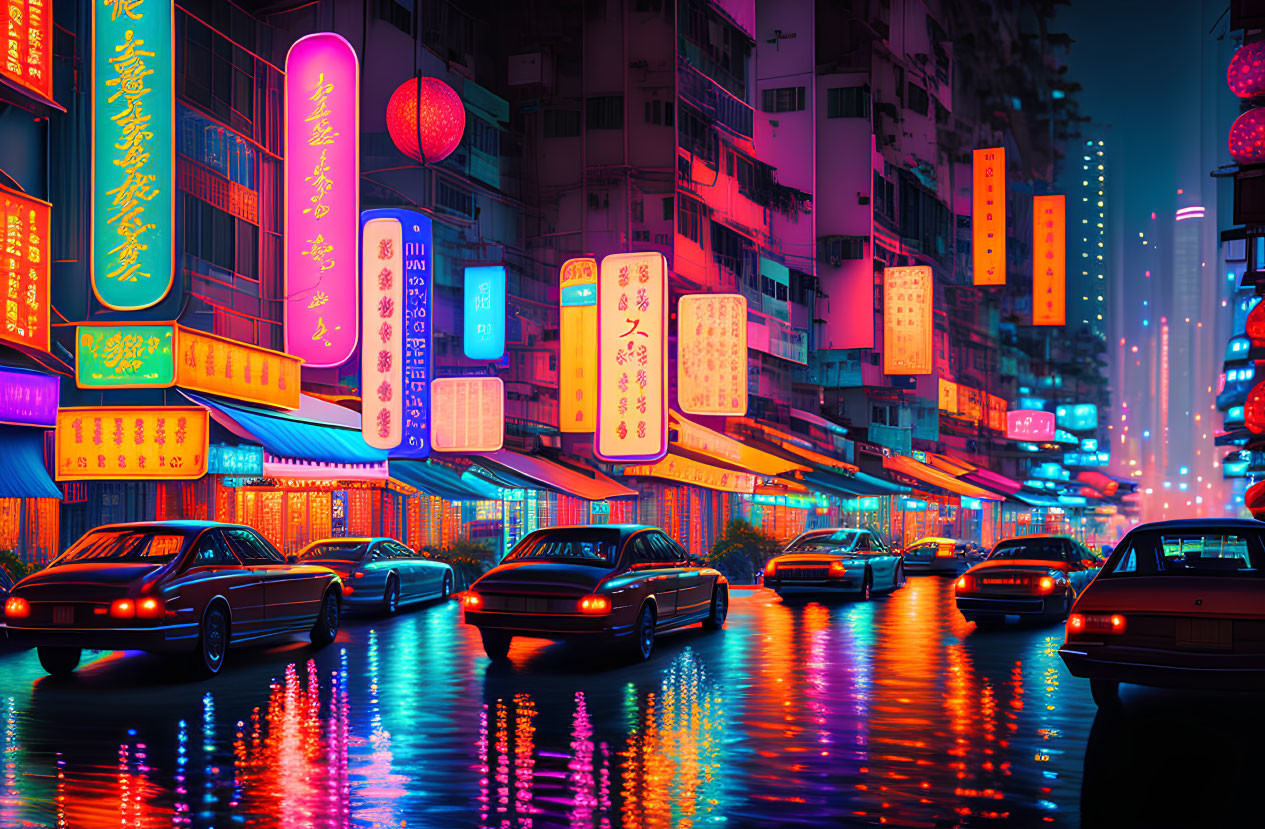 Night City Street with Neon Signs, Asian Billboards, Wet Pavement, and Cars