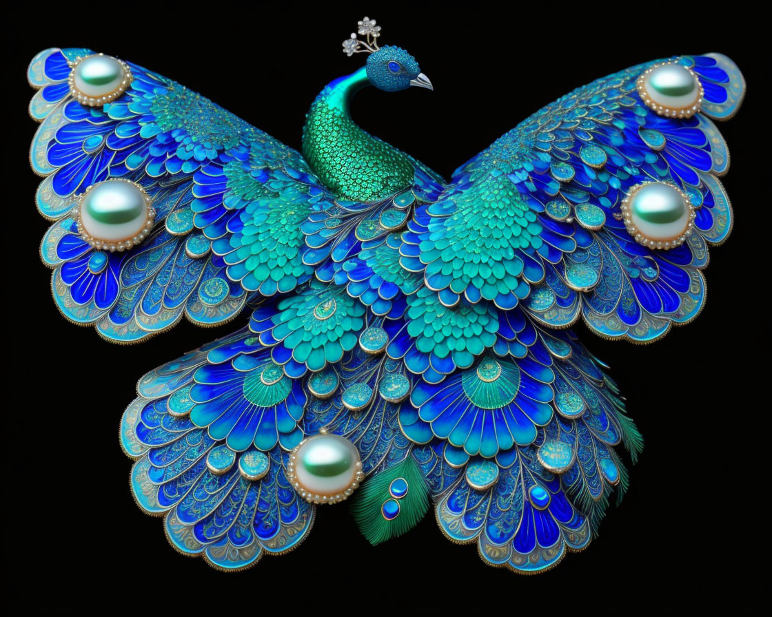 Filigree Cloisonné Blue-Green Peacock Butterfly 