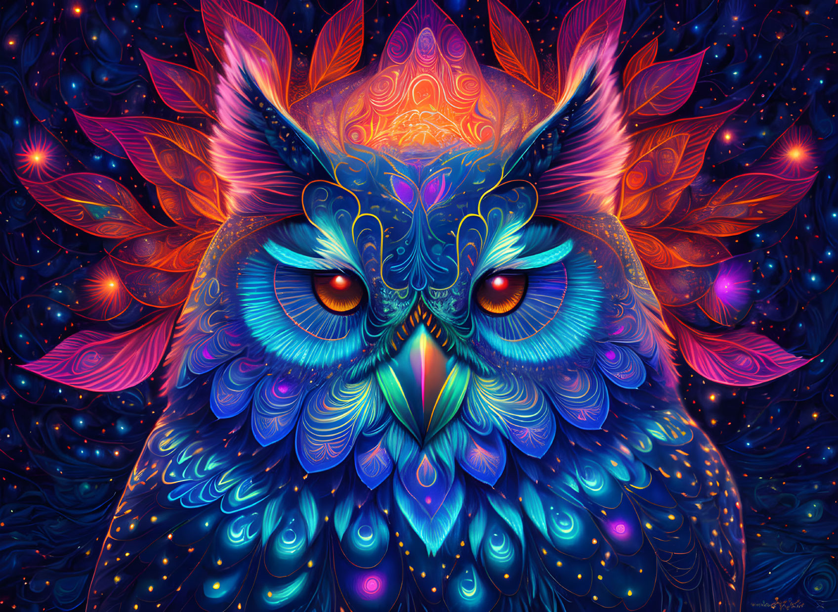 Colorful owl digital art with cosmic background in blues, purples, and oranges