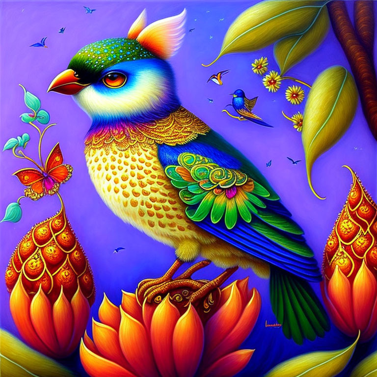 Colorful Fantastical Bird Painting with Flowers and Butterflies on Purple Background