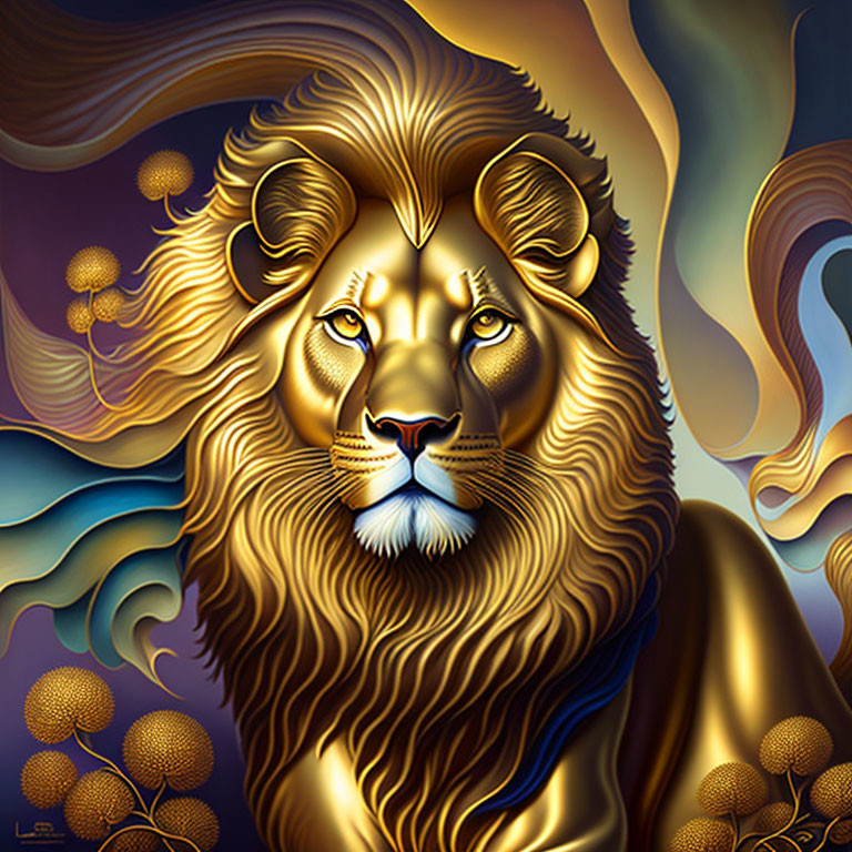 Majestic golden lion illustration on abstract swirling background
