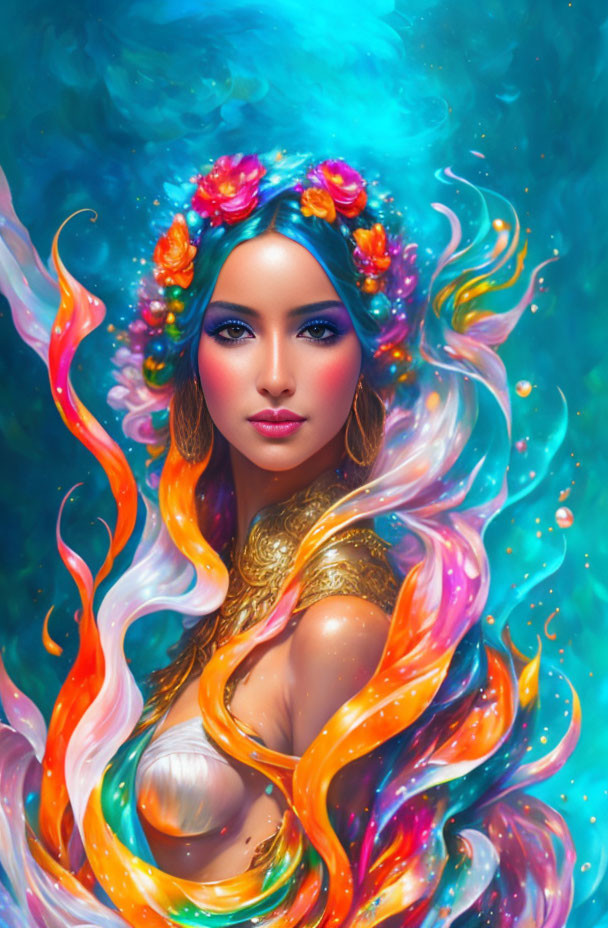 Vibrant digital artwork: Woman with flowing floral hair on celestial blue background