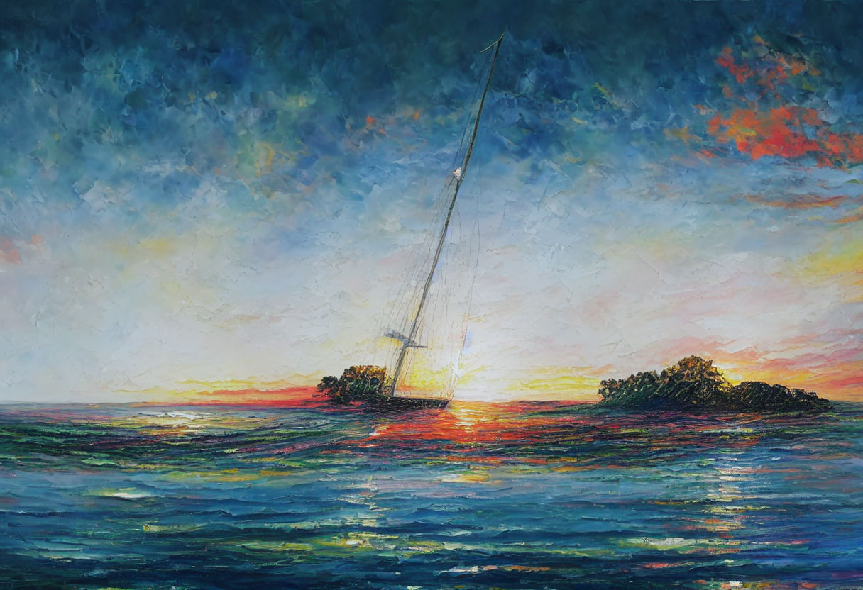 Colorful sailboat painting at sunset with reflected skies on ocean waves.