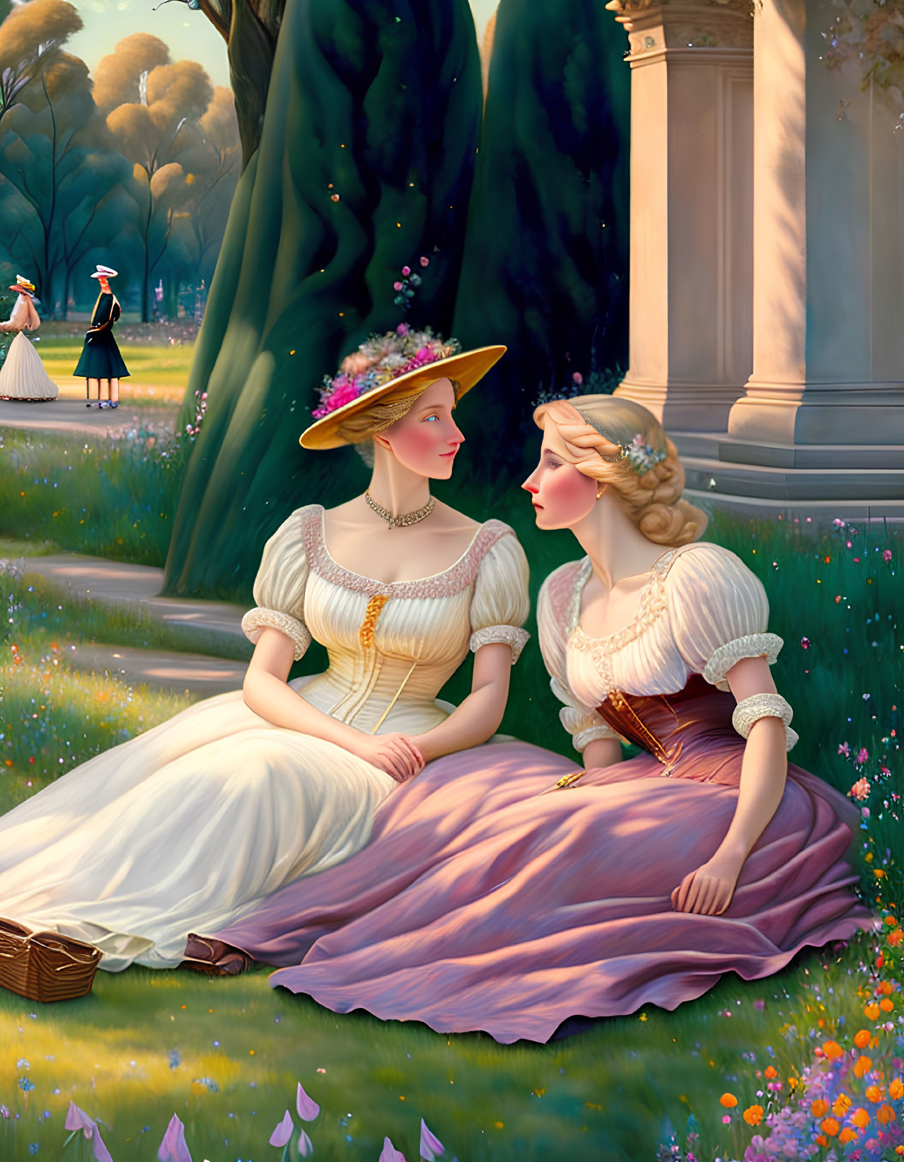 Historical women in elegant dresses in sunlit park with classical architecture
