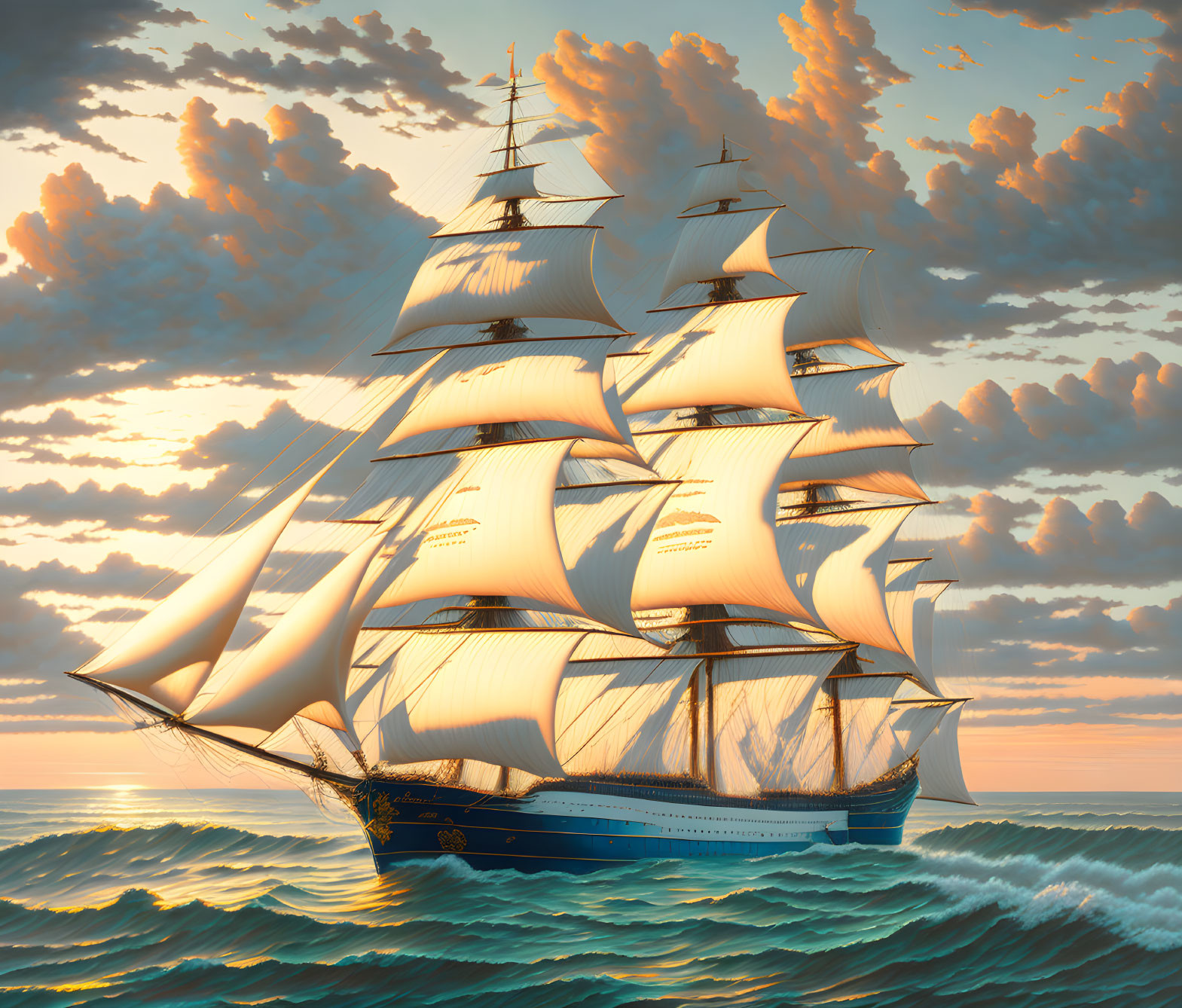 Tall ship with white sails at sunset on calm seas