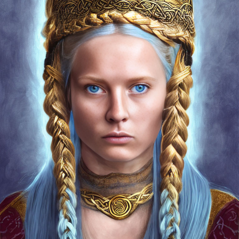 Portrait of woman with blue eyes, blond hair, golden crown & necklace